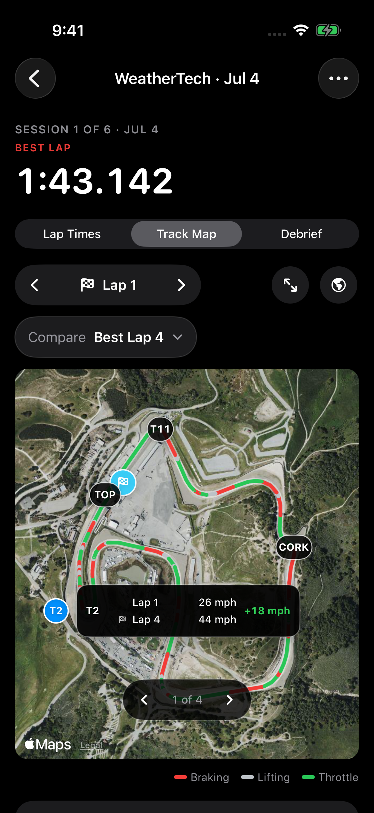 Delta Track Map with aligned lap comparison rows and a flag beside the best lap